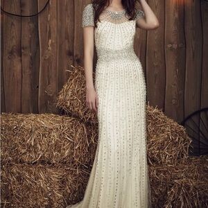 Jenny Packham Ivory Beaded Maxi Gown with Silver Embellishment